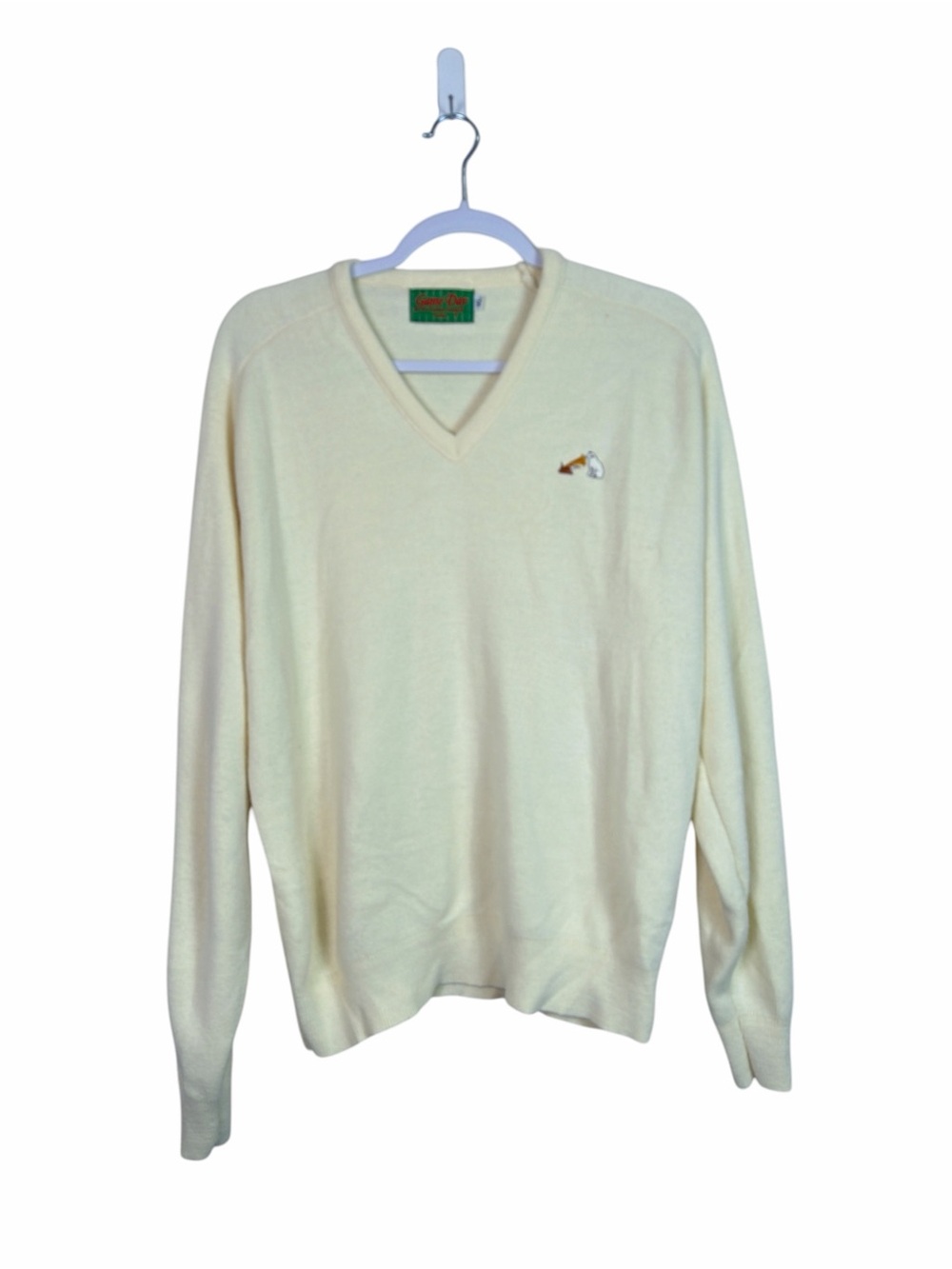 Vintage Game Day Nipper Dog Gramophone Sweater XL Made in USA Ivory V-Neck